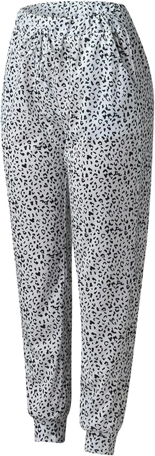 yardsong Leopard Printed Pants for Women Plus Size Drawstring High Waisted Jogger Pants Casual Loose Trousers with Pockets