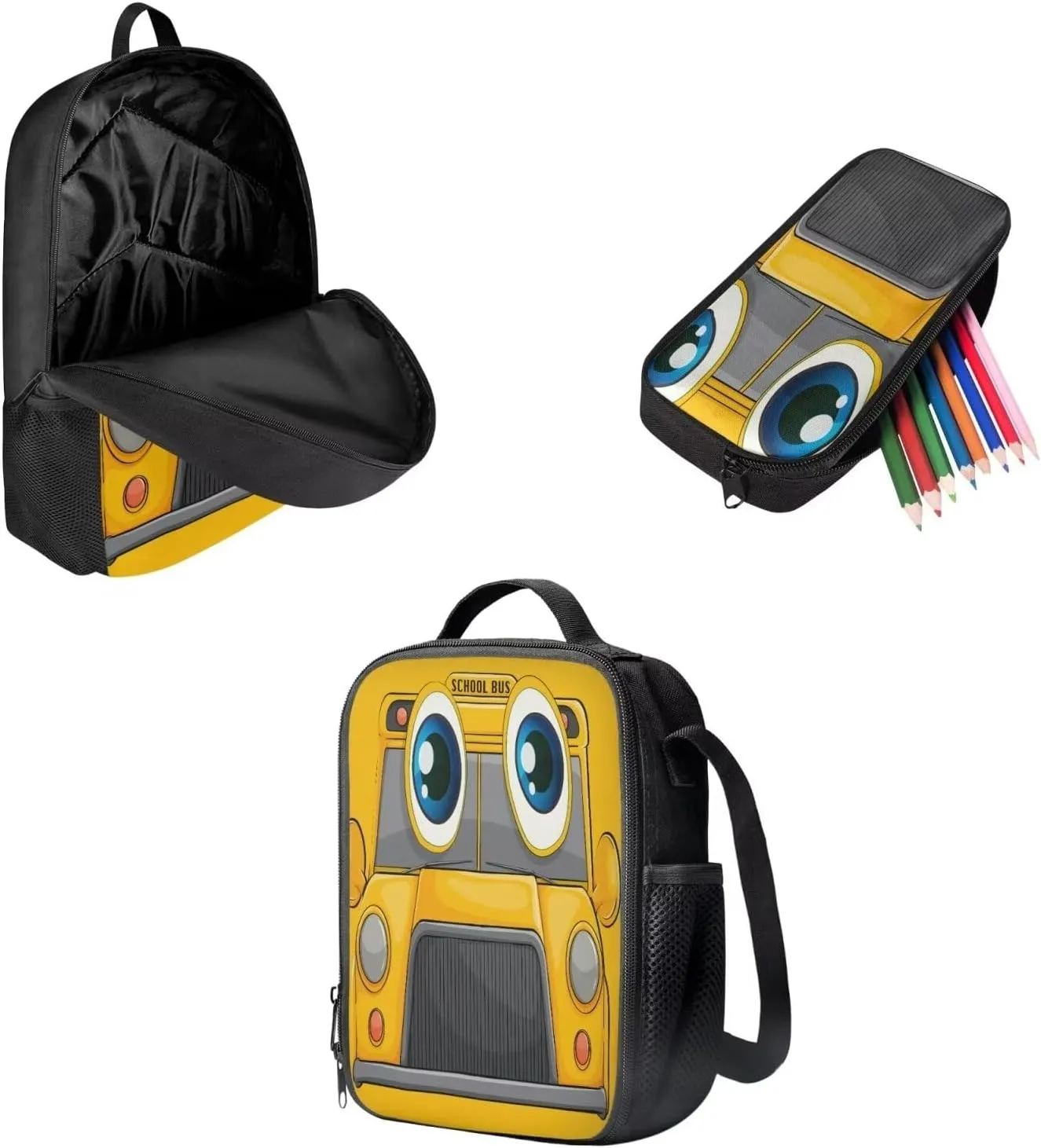 Yellow Cute Cartoon School Bus Kids Backpack with Lunch Box for School 3 in 1 Boys Girls School Bookbag Set with Pencil Case Large Capacity Backpack for Kids