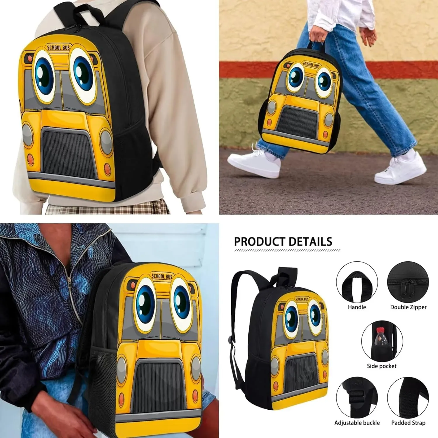 Yellow Cute Cartoon School Bus Kids Backpack with Lunch Box for School 3 in 1 Boys Girls School Bookbag Set with Pencil Case Large Capacity Backpack for Kids