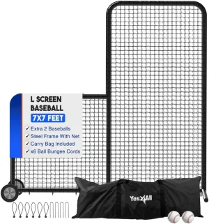 Yes4All Portable L-Screen Baseball 7x7ft with 2 Baseballs, Rubber Wheels - L Screen Baseball for Batting Cage, Protective Pitching Screen Net Double Layers, Carry Bag Included