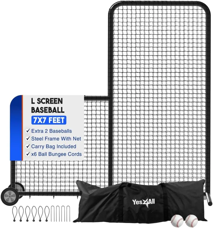 Yes4All Portable L-Screen Baseball 7x7ft with 2 Baseballs, Rubber Wheels - L Screen Baseball for Batting Cage, Protective Pitching Screen Net Double Layers, Carry Bag Included