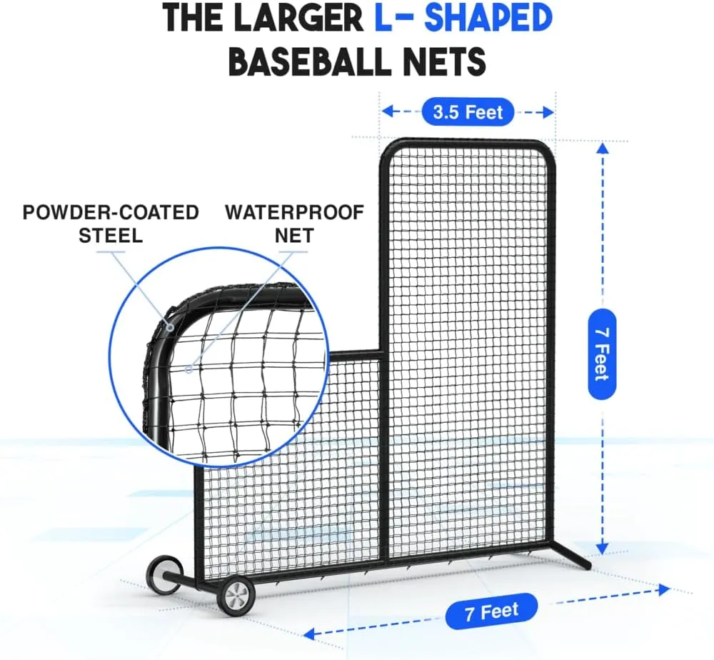 Yes4All Portable L-Screen Baseball 7x7ft with 2 Baseballs, Rubber Wheels - L Screen Baseball for Batting Cage, Protective Pitching Screen Net Double Layers, Carry Bag Included