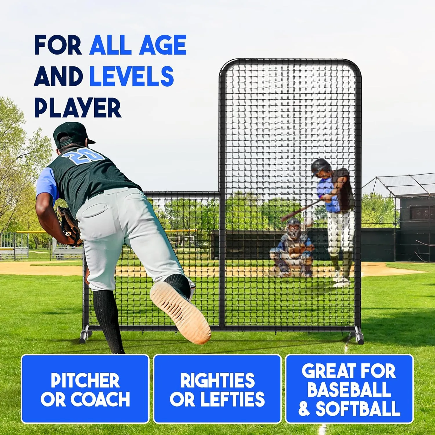 Yes4All Portable L-Screen Baseball 7x7ft with 2 Baseballs, Rubber Wheels - L Screen Baseball for Batting Cage, Protective Pitching Screen Net Double Layers, Carry Bag Included