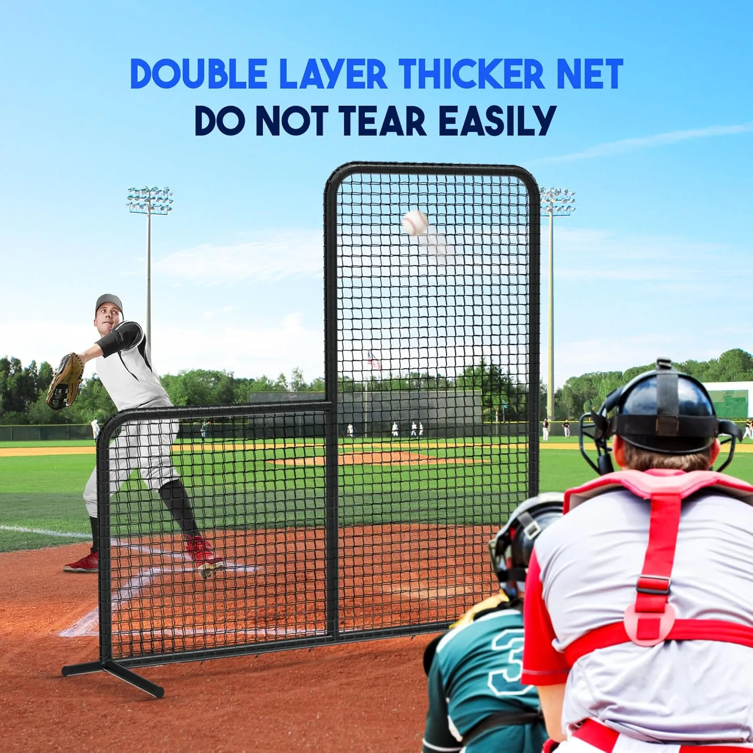 Yes4All Portable L-Screen Baseball 7x7ft with 2 Baseballs, Rubber Wheels - L Screen Baseball for Batting Cage, Protective Pitching Screen Net Double Layers, Carry Bag Included