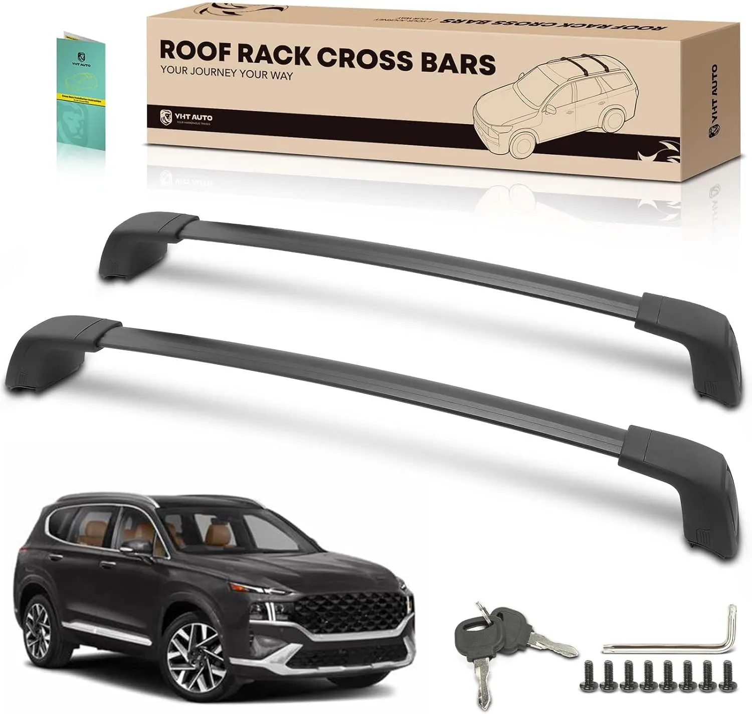 YHTAUTO Car Roof Rack Cross Bar Compatible with Hyundai Santa Fe Accessories 2019-2023 w/Flush Rails, 165 Lbs Aluminum Alloy Cargo Bars for Rooftop Tent Kayak Bike Luggage Snowboard Ski Board Canoe
