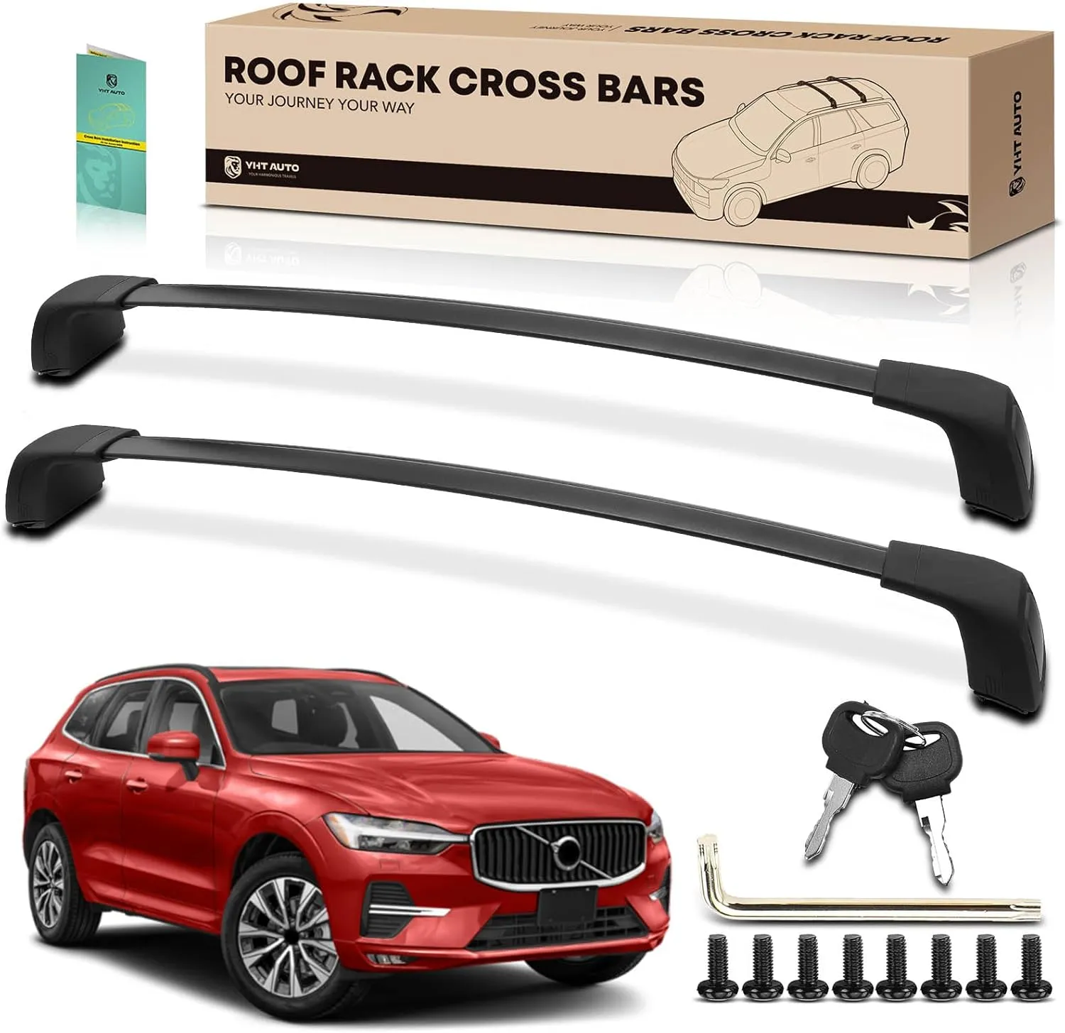 YHTAUTO Car Roof Rack Cross Bar Compatible with Volvo XC60 2018-2023 SUV w/Flush Rails, 165 Lbs Aluminum Alloy Cargo Bar for Rooftop Tent Kayak Bike Luggage Snowboard Ski Board Canoe