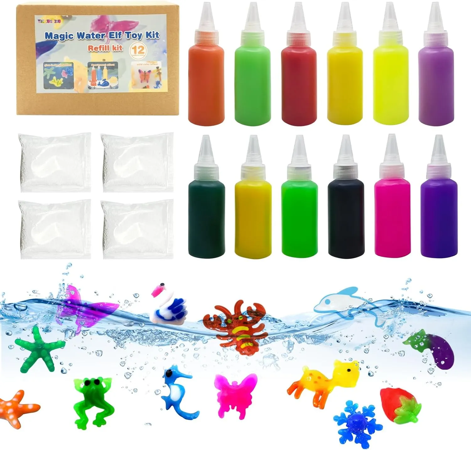 Yichushisu Aqua Fairy Water Gel Refill Kit for Kids-Magic Water Elf Toy-Water Pets DIY Squishy Maker Kit-Craft Kits for Kids-Birthday Gifts for Boys and Girls (12 Colors, 4 Bags of Calcium Pellets)