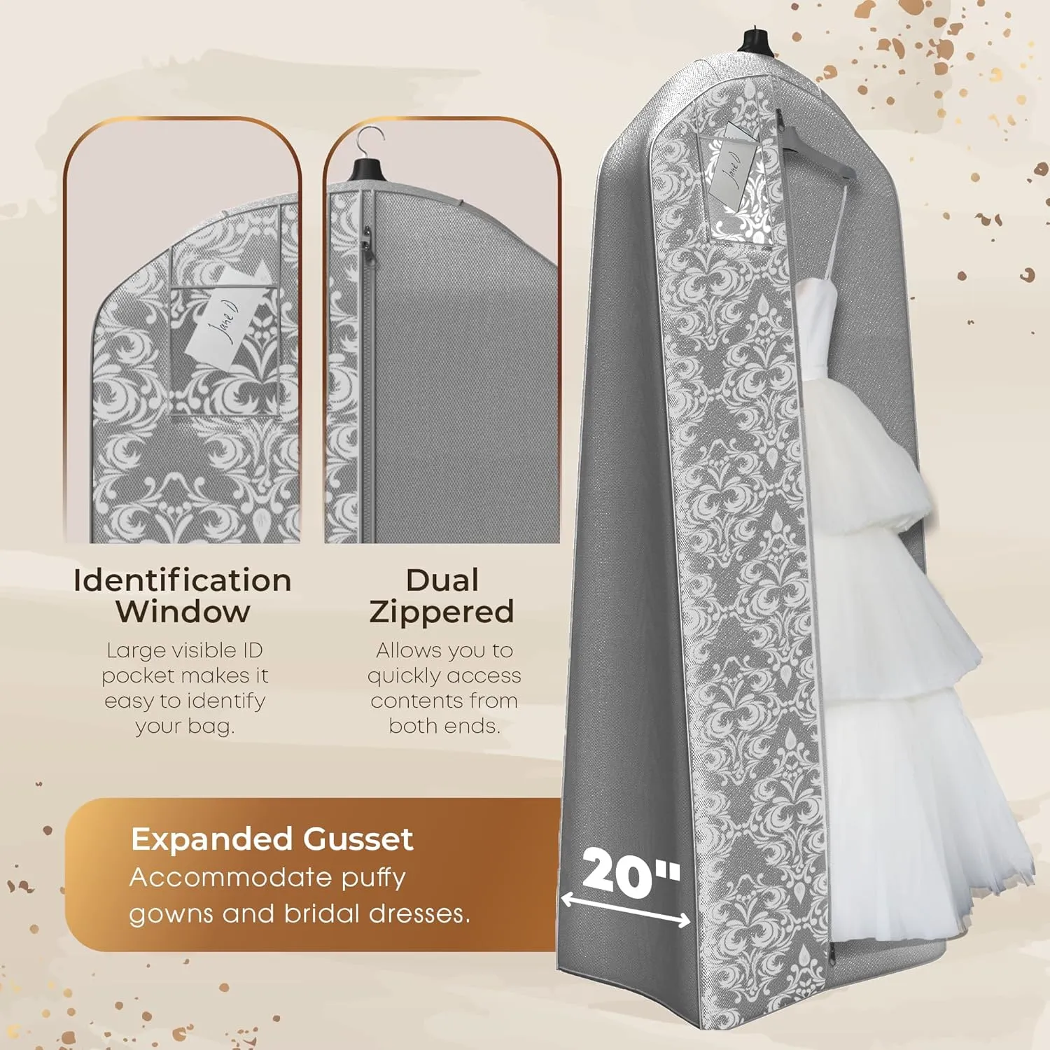Your Bags Wedding Dress Garment Bag – 72" Garment Bags for Hanging Clothes with 20" Gusset for Puffy Gowns – Durable Cover for Travel or Storage – Rip-Resistant with ID Window - Grey/White Damask