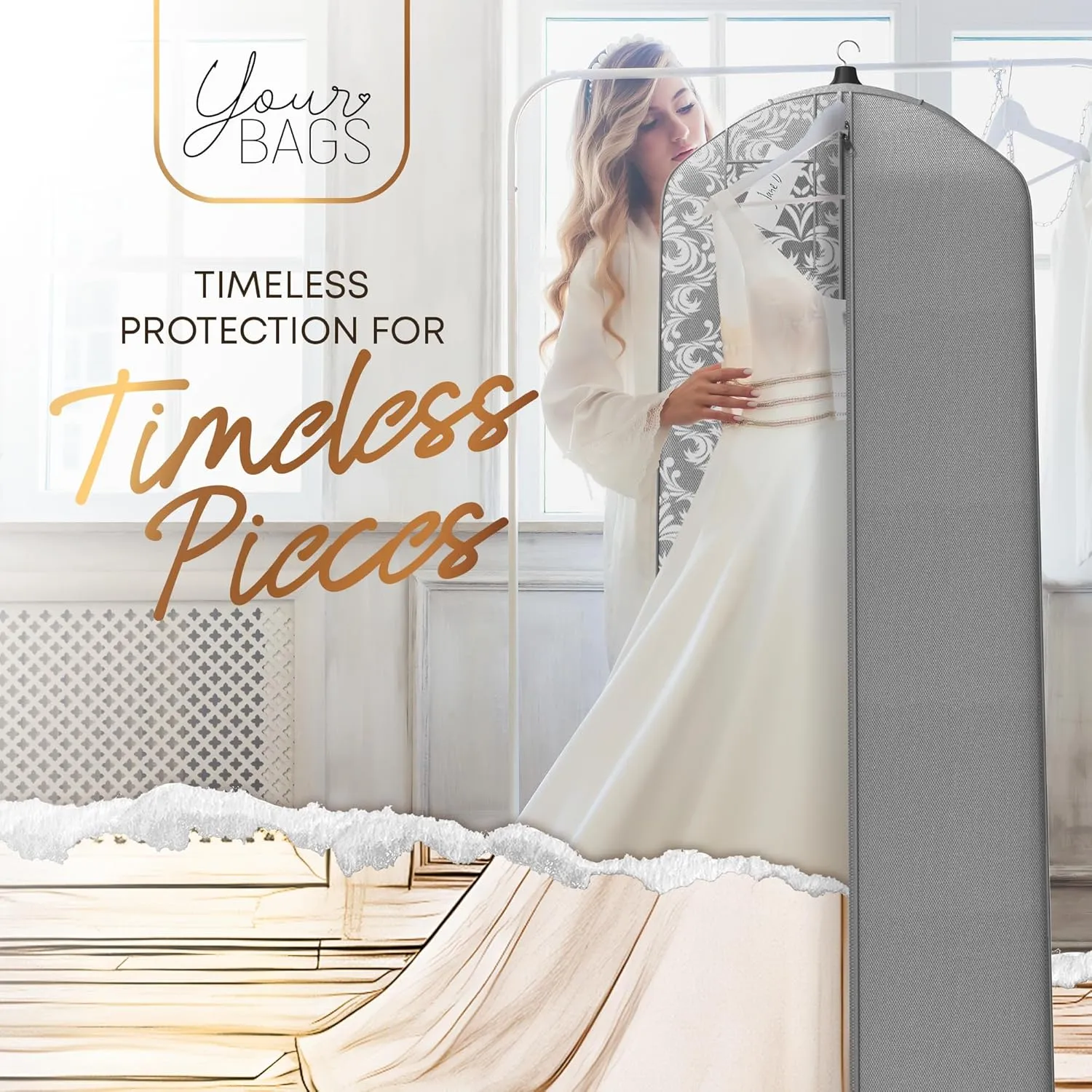 Your Bags Wedding Dress Garment Bag – 72" Garment Bags for Hanging Clothes with 20" Gusset for Puffy Gowns – Durable Cover for Travel or Storage – Rip-Resistant with ID Window - Grey/White Damask