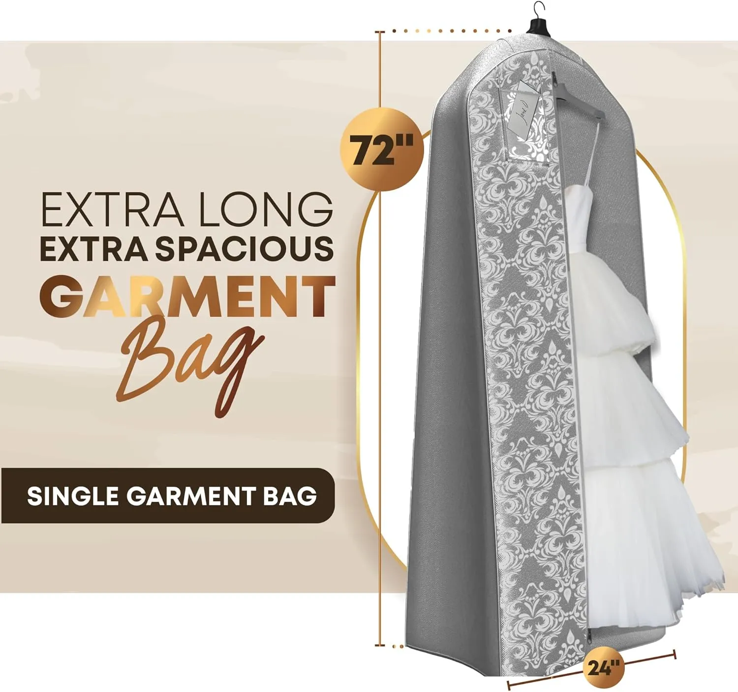 Your Bags Wedding Dress Garment Bag – 72" Garment Bags for Hanging Clothes with 20" Gusset for Puffy Gowns – Durable Cover for Travel or Storage – Rip-Resistant with ID Window - Grey/White Damask