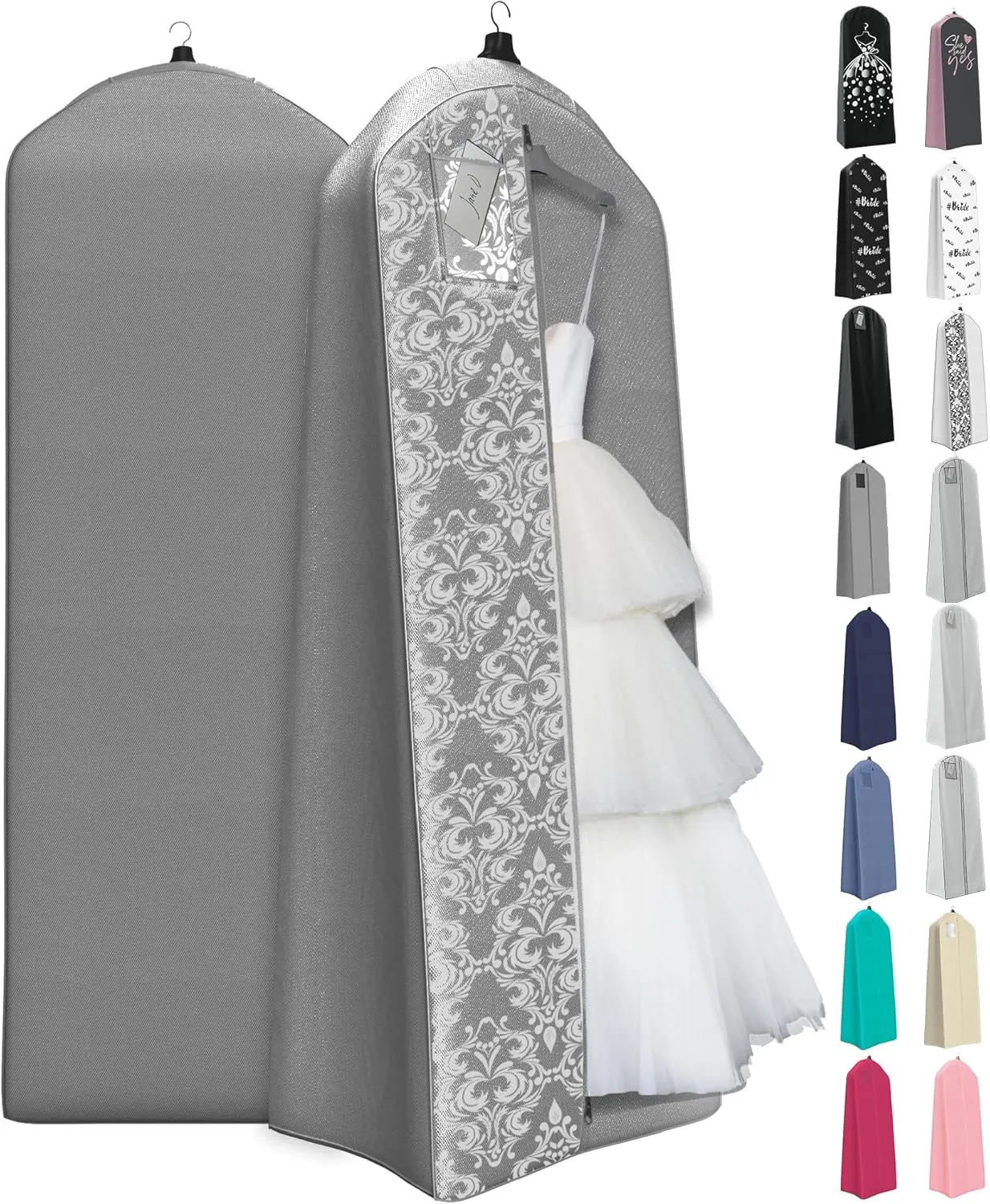 Your Bags Wedding Dress Garment Bag – 72" Garment Bags for Hanging Clothes with 20" Gusset for Puffy Gowns – Durable Cover for Travel or Storage – Rip-Resistant with ID Window - Grey/White Damask