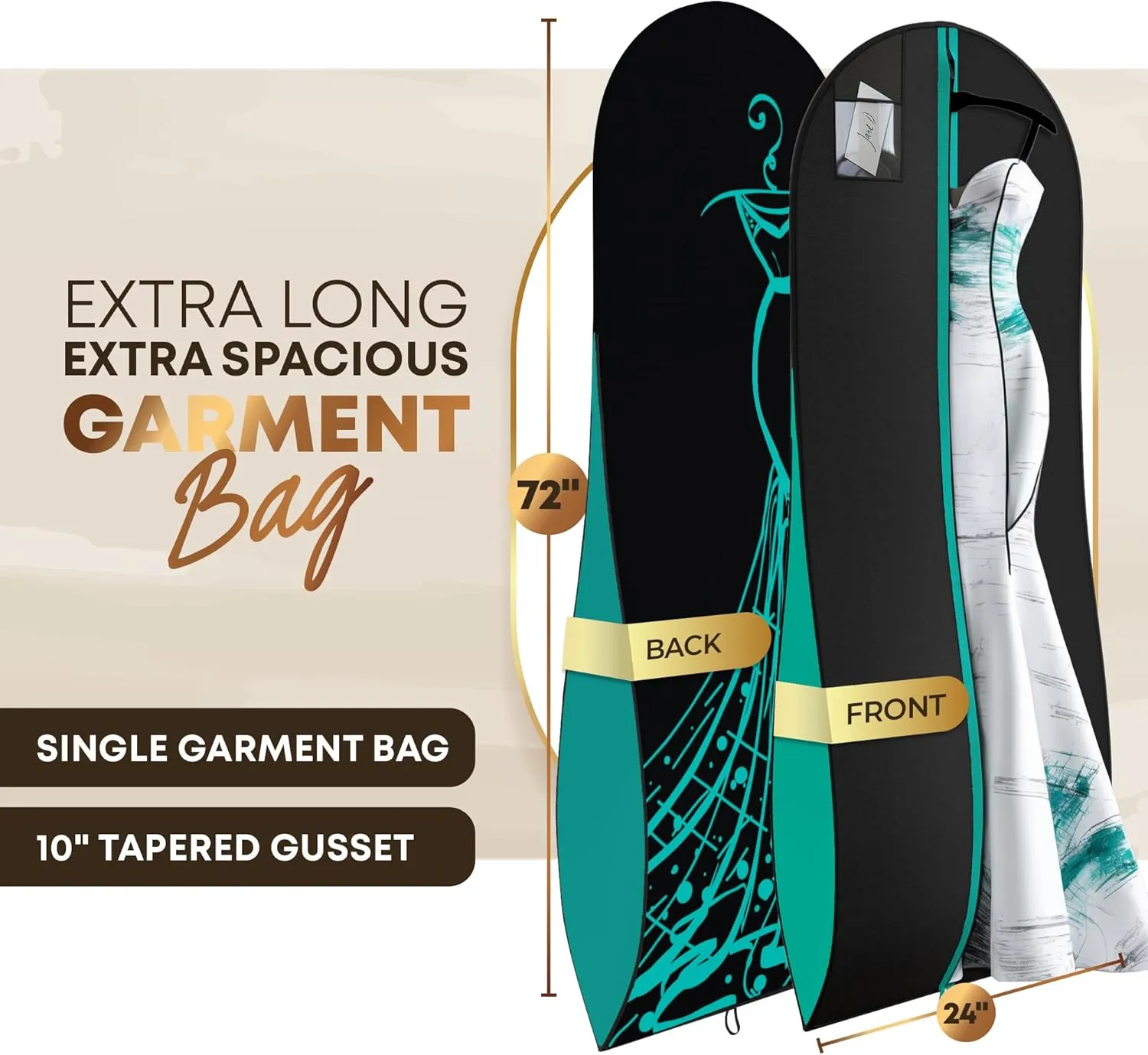 Your Bags Women’s Dress and Gown Garment Bag -72”x24” and 10” Tapered Gusset Prom Bags (Blue/Black Dress Print)
