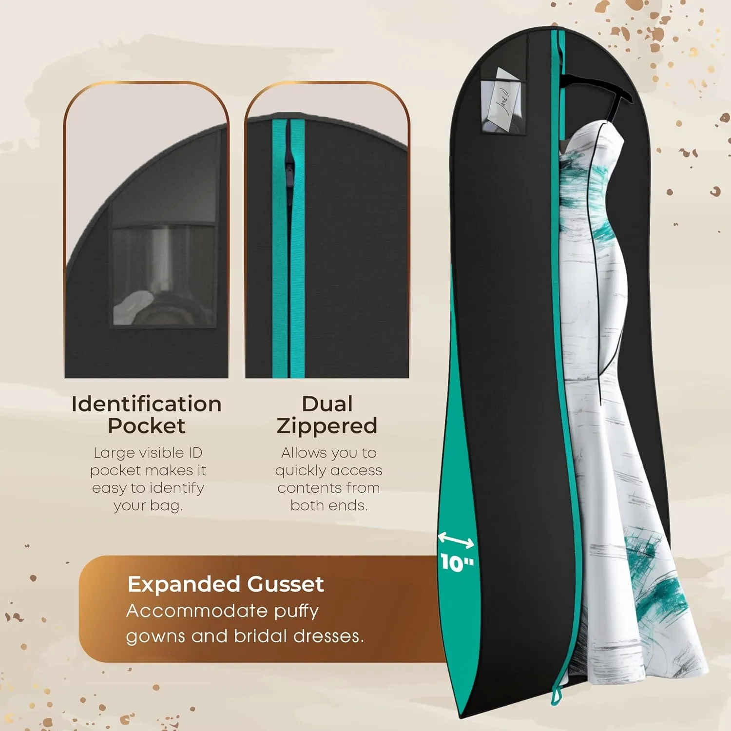 Your Bags Women’s Dress and Gown Garment Bag -72”x24” and 10” Tapered Gusset Prom Bags (Blue/Black Dress Print)