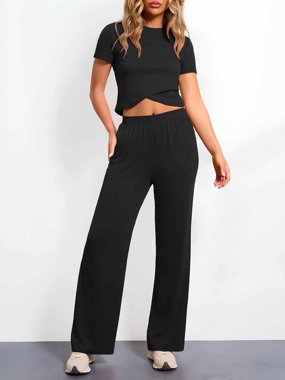 ZANZEA Women's Lounge Sets 2 Piece Workout Set Short Sleeve Crop Top and Wide Leg Outfits Athletic Tracksuits