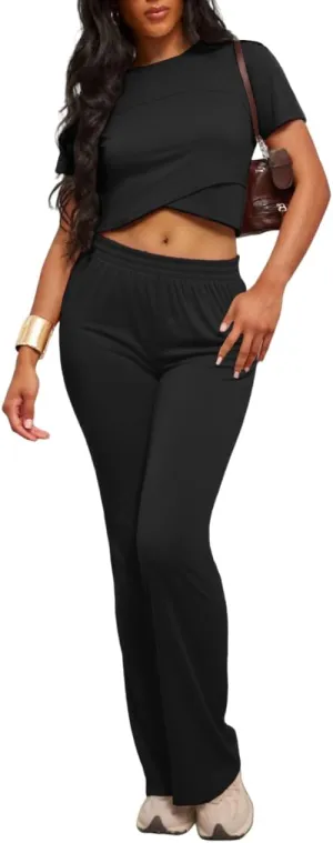 ZANZEA Women's Lounge Sets 2 Piece Workout Set Short Sleeve Crop Top and Wide Leg Outfits Athletic Tracksuits
