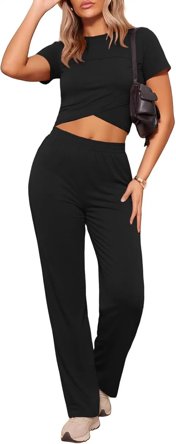 ZANZEA Women's Lounge Sets 2 Piece Workout Set Short Sleeve Crop Top and Wide Leg Outfits Athletic Tracksuits