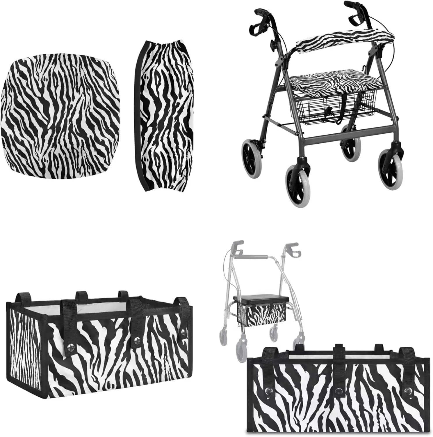 Zebra Print 3Pcs Rollator Walker Decoration with Under Seat Bag Seat and Backrest Covers for Ladies Walker Seat Cushion Cover Soft Rollator Walker Basket for Senior