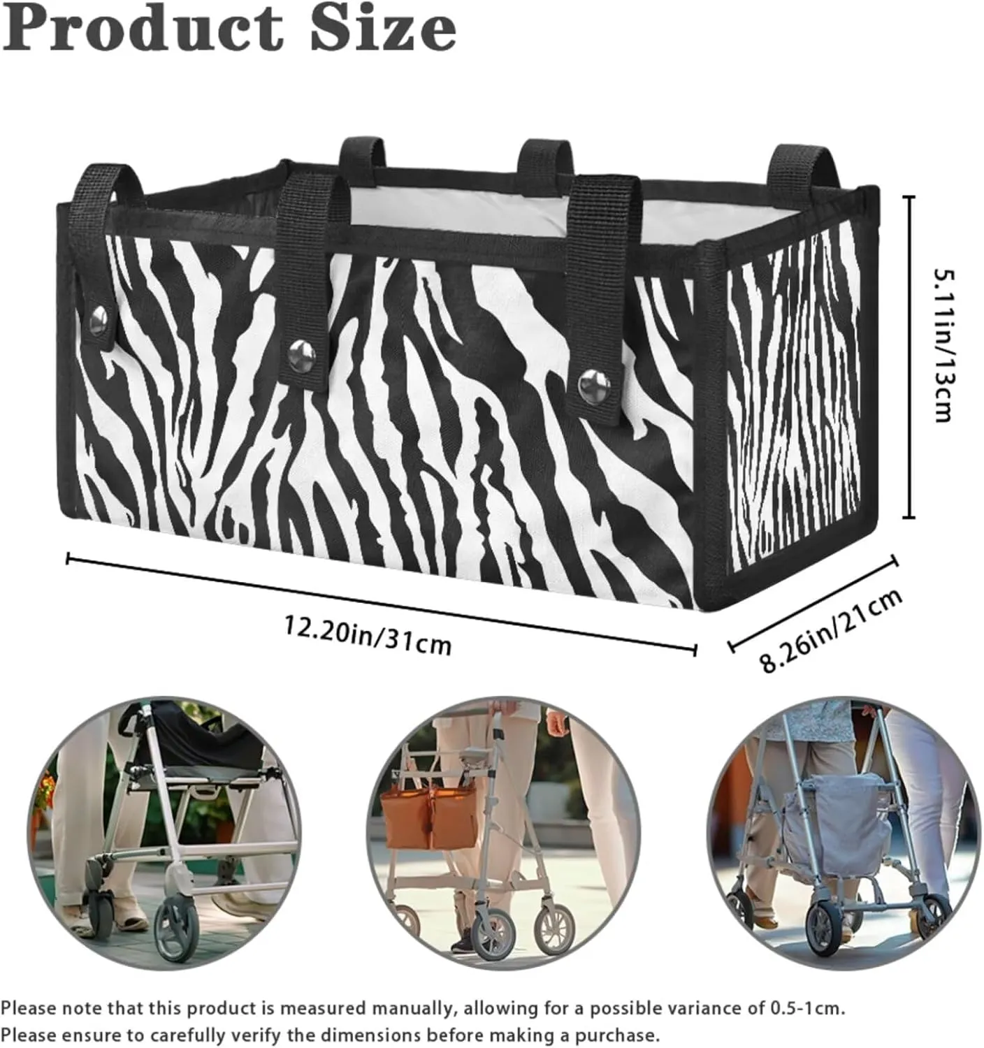 Zebra Print 3Pcs Rollator Walker Decoration with Under Seat Bag Seat and Backrest Covers for Ladies Walker Seat Cushion Cover Soft Rollator Walker Basket for Senior