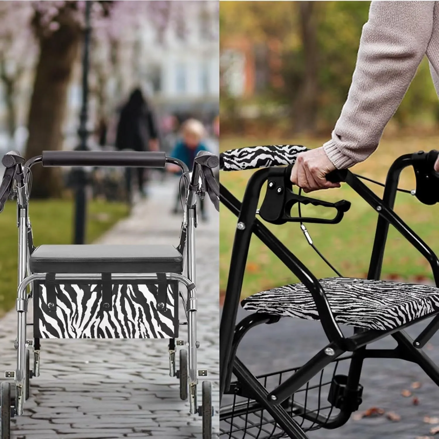 Zebra Print 3Pcs Rollator Walker Decoration with Under Seat Bag Seat and Backrest Covers for Ladies Walker Seat Cushion Cover Soft Rollator Walker Basket for Senior