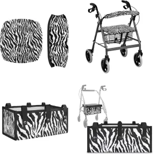 Zebra Print 3Pcs Rollator Walker Decoration with Under Seat Bag Seat and Backrest Covers for Ladies Walker Seat Cushion Cover Soft Rollator Walker Basket for Senior