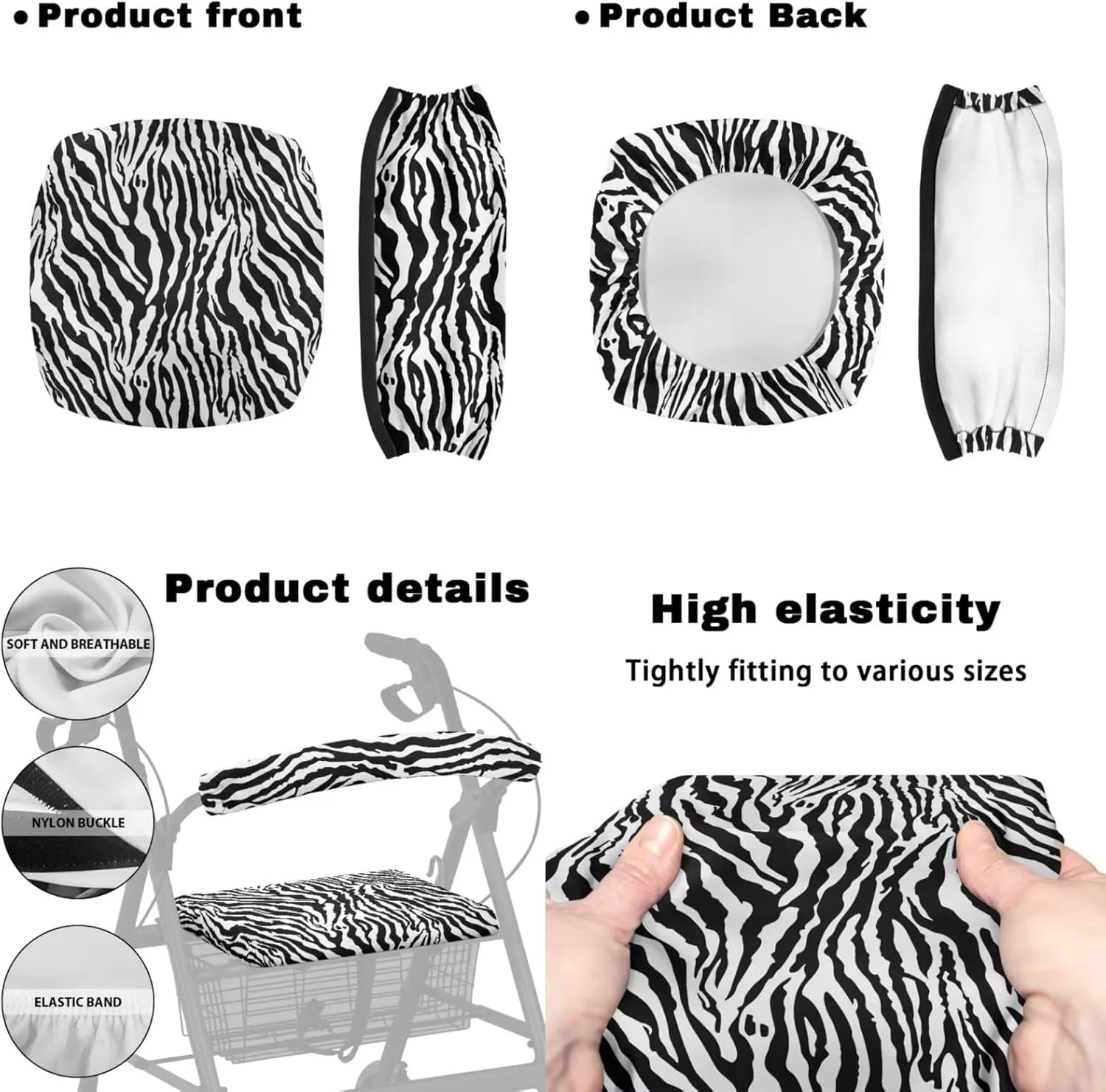 Zebra Print 3Pcs Rollator Walker Decoration with Under Seat Bag Seat and Backrest Covers for Ladies Walker Seat Cushion Cover Soft Rollator Walker Basket for Senior