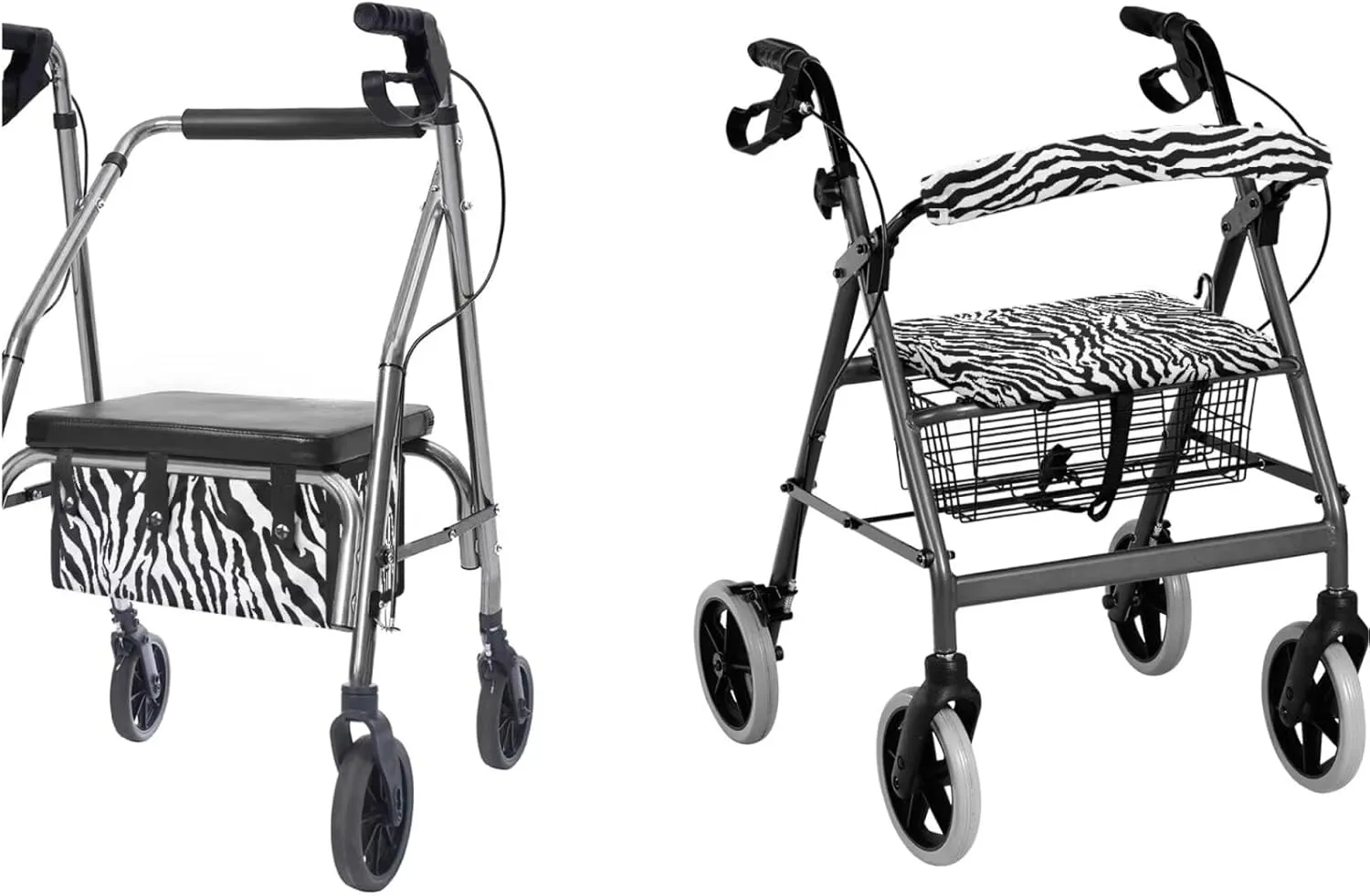 Zebra Print 3Pcs Rollator Walker Decoration with Under Seat Bag Seat and Backrest Covers for Ladies Walker Seat Cushion Cover Soft Rollator Walker Basket for Senior