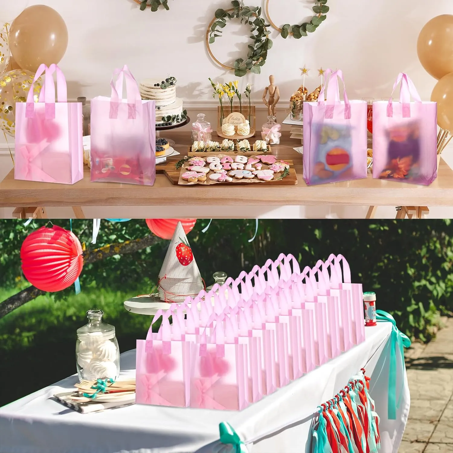 Zhanmai 250 Pcs Frosted Plastic Bags with Handle 8 x 4 x 10 Inch Plastic Party Favor Shopping Bags for Small Business Weding Gifts (Pink)