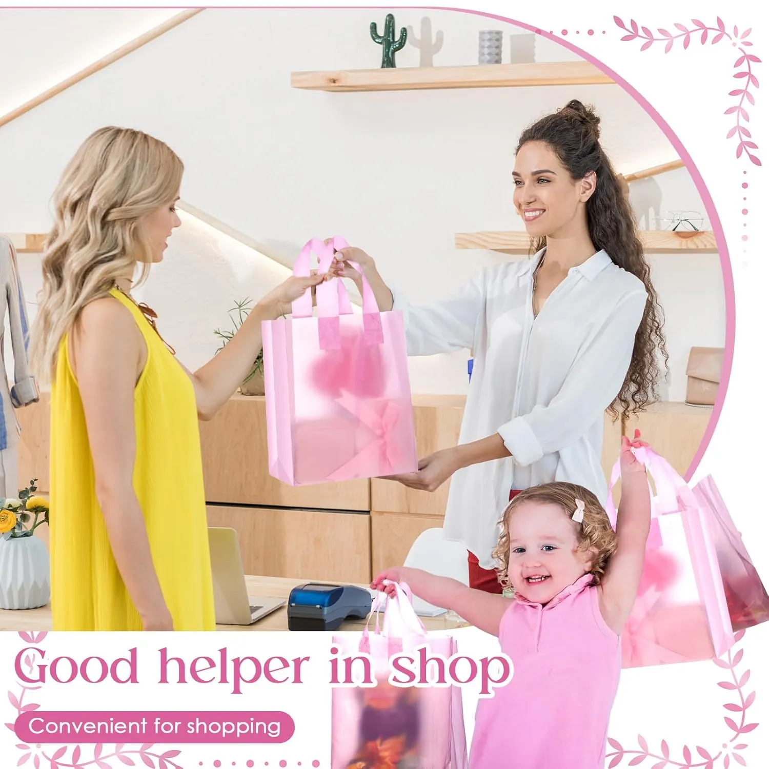 Zhanmai 250 Pcs Frosted Plastic Bags with Handle 8 x 4 x 10 Inch Plastic Party Favor Shopping Bags for Small Business Weding Gifts (Pink)