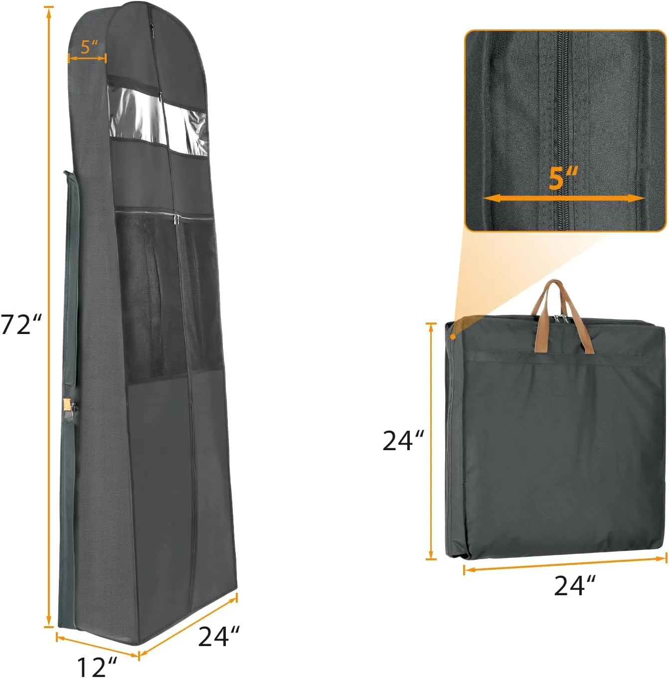 Zilink 72" Wedding Dress Garment Bag Dress Bags for Gowns Bridal Garment Bag for Dresses Long with 12”Gusseted and Accessory Pockets for Wedding Dress, Puffy Gowns [Upgraded Version], Grey