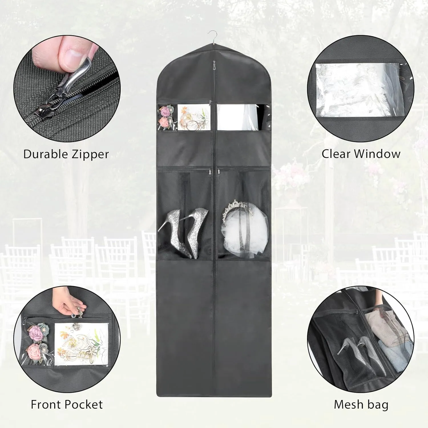 Zilink 72" Wedding Dress Garment Bag Dress Bags for Gowns Bridal Garment Bag for Dresses Long with 12”Gusseted and Accessory Pockets for Wedding Dress, Puffy Gowns [Upgraded Version], Grey